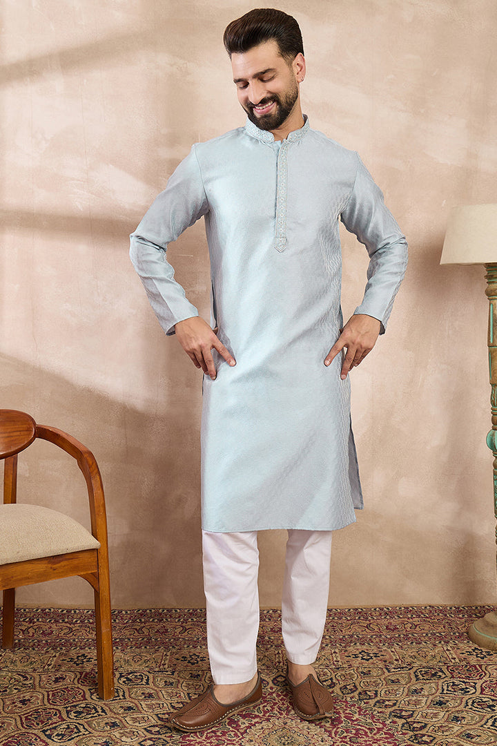 Blue Silk Blend Solid Woven Design Straight Kurta For Men | SHOBITAM