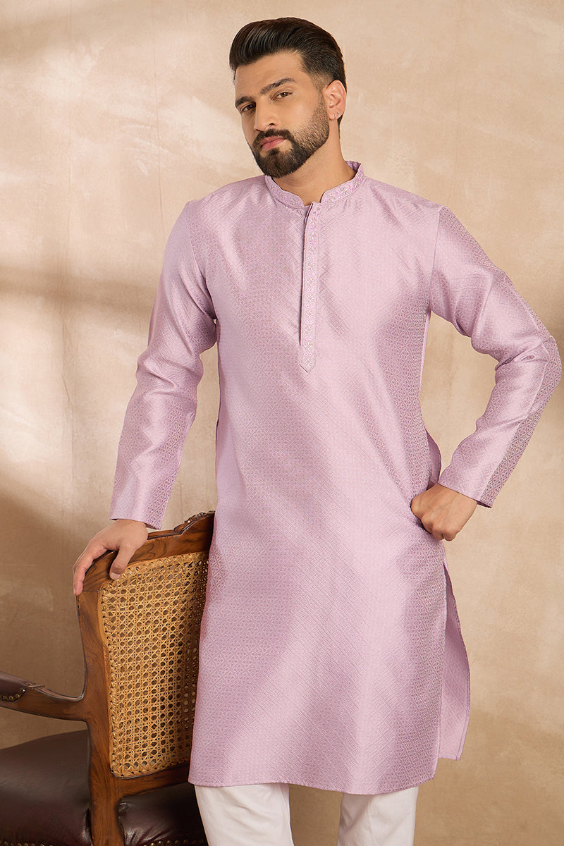 Lavender Polyester Solid Embroidered Straight Kurta | SHOBITAM
