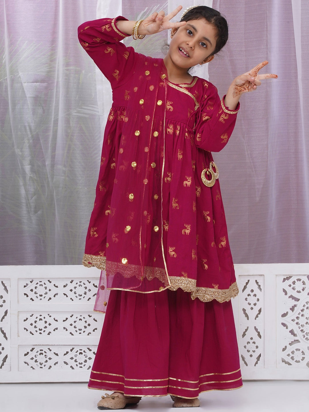 Girls Cotton Three Fourth Sleeves Angrakha Kurta with Sharara and Net Dupatta with Deer Design Zari Work - Rose Red | SHOBITAM