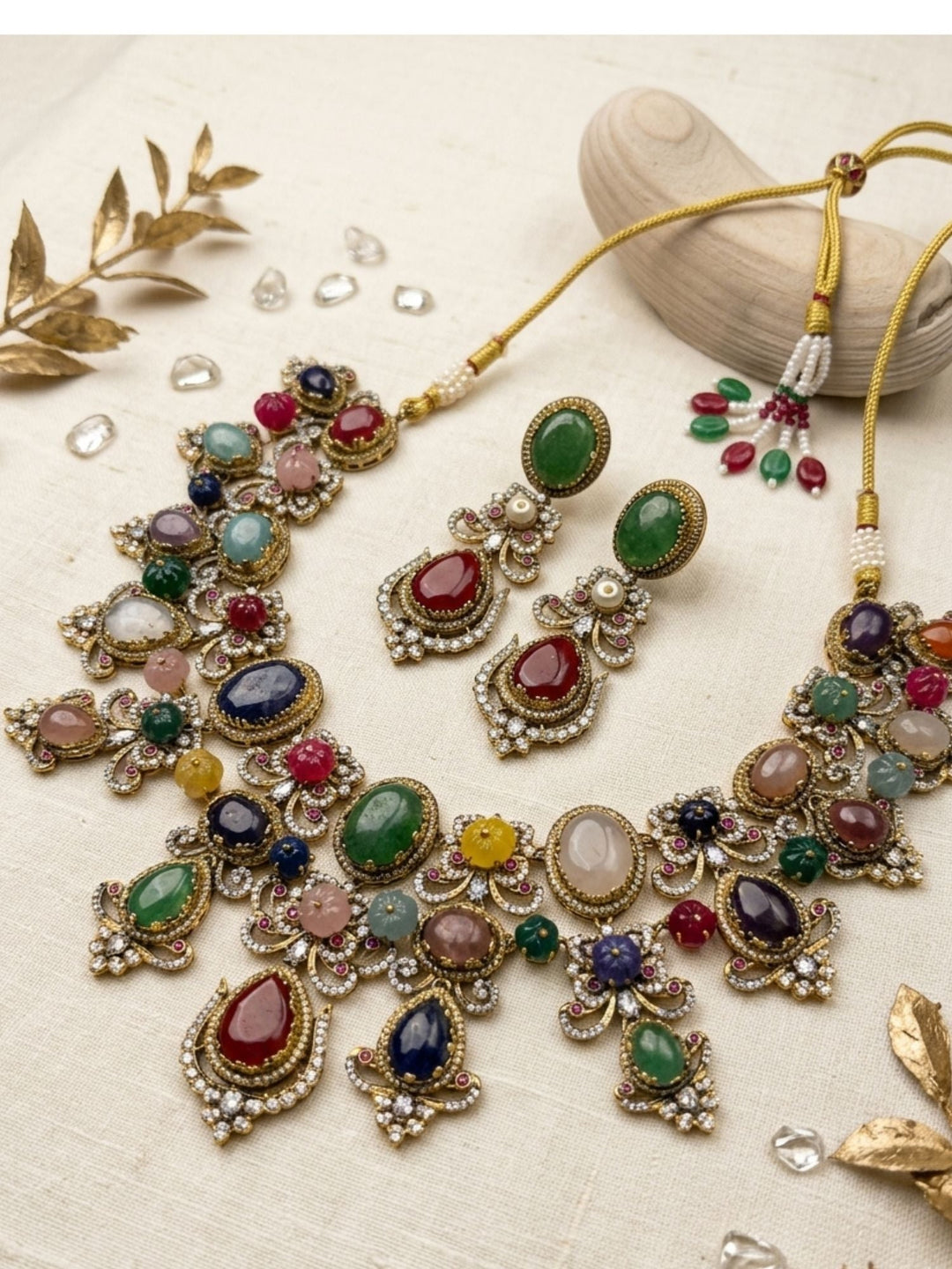 Multicolour Navratna Kundan Statement Necklace Set with Earrings | Shobitam