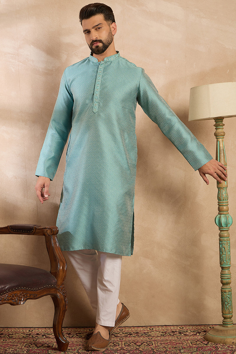 Green Polyester Solid Embroidered Straight Kurta | SHOBITAM