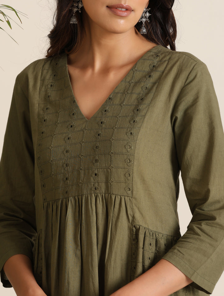 Olive Cotton Cutwork Embroidered Kurta Set  | SHOBITAM