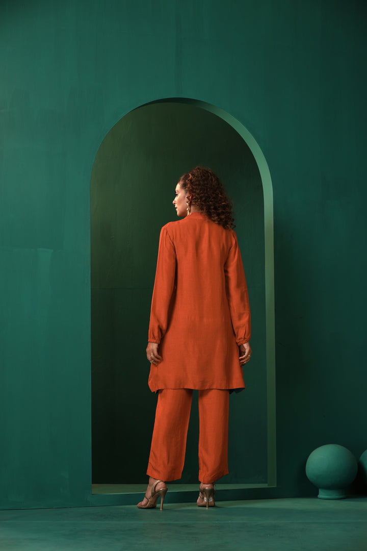 Rust Silk Collar Co-ord Set | SHOBITAM
