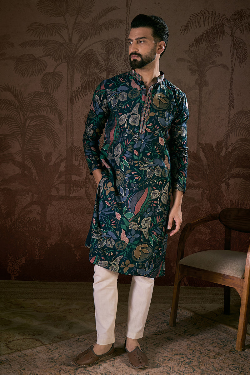 Blue Silk Blend Floral Printed Straight Kurta | SHOBITAM
