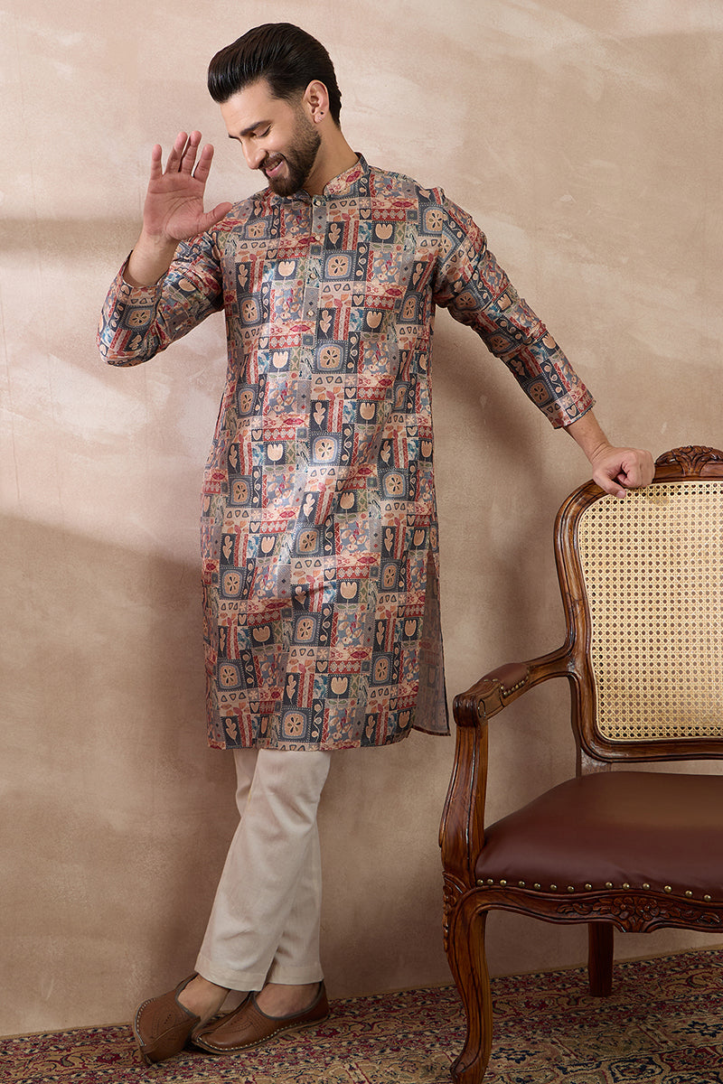 Multi Silk Blend Printed Mandarin Collar Straight Kurta With Trouser | SHOBITAM