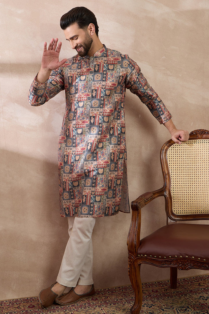 Multi Silk Blend Printed Mandarin Collar Straight Kurta With Trouser | SHOBITAM