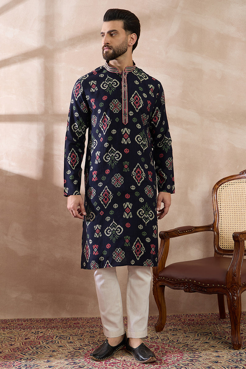 Blue Silk Blend Printed Mandarin Collar Straight Kurta For Men | SHOBITAM