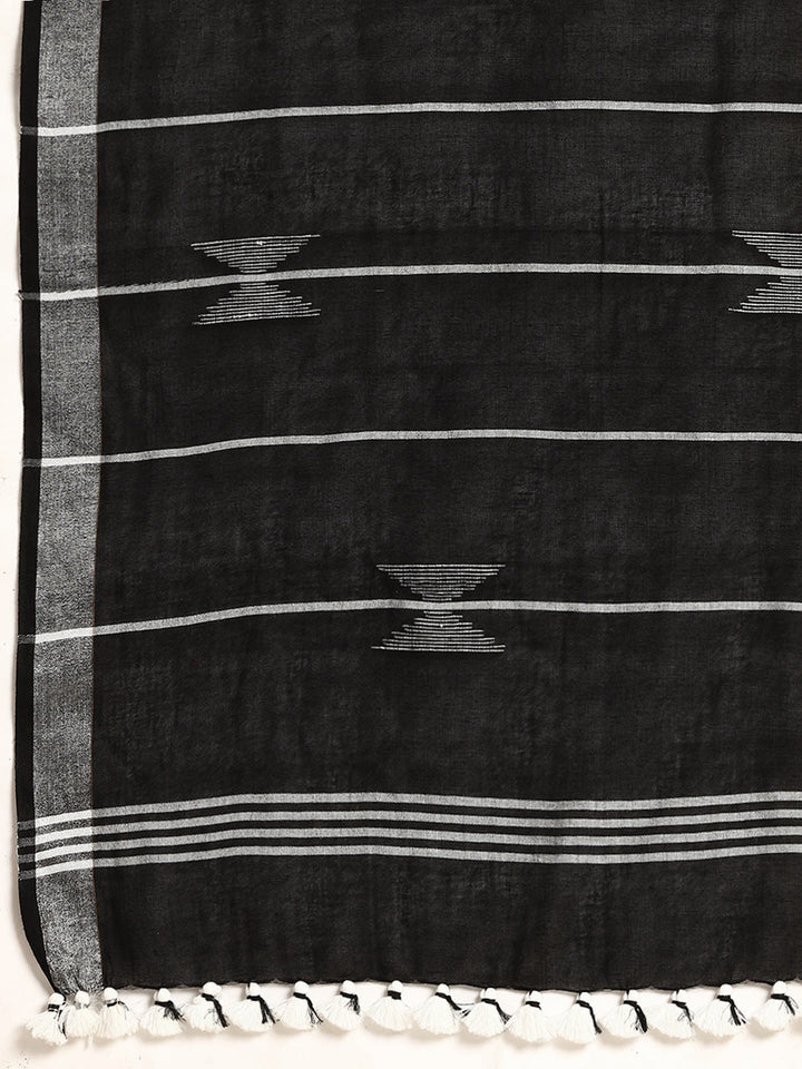 Grey Black Handloom Cotton Kantha Stitch Saree | SHOBITAM