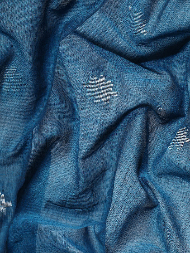 Blue Pure Cotton Saree with Minimal Border and Blouse piece