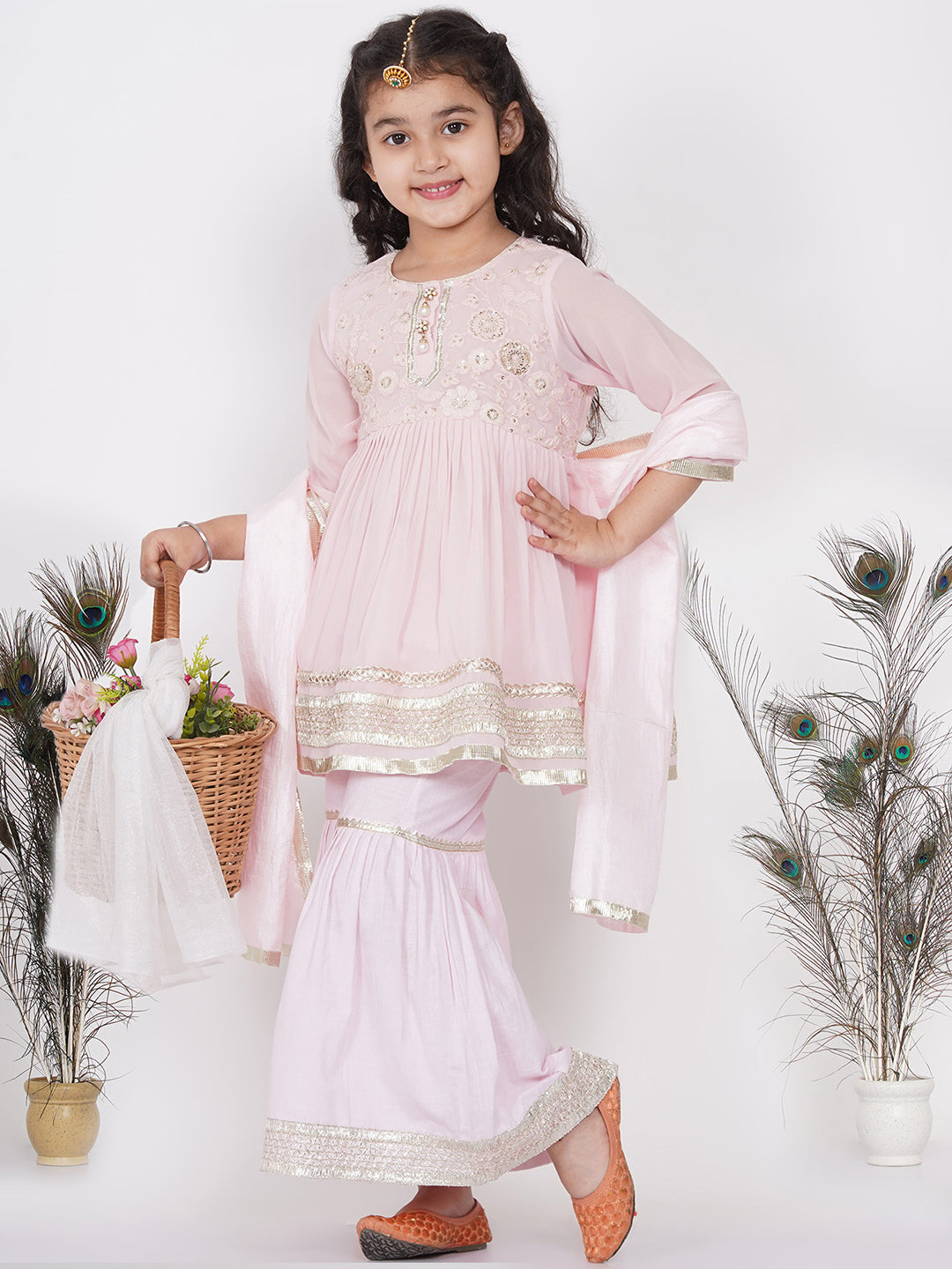 Girls Gotta Patti work Kurta frock with Sharara and Dupatta - Baby Pink | SHOBITAM