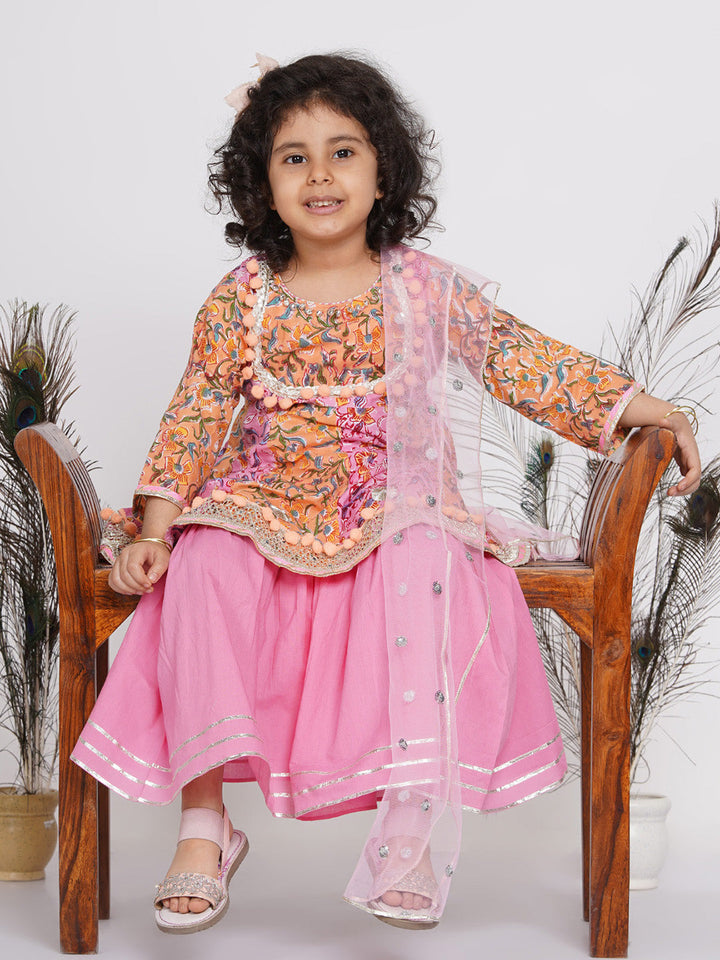 Girls Jaipuri Floral Kurta with sharara and dupatta - Orange and Pink | SHOBITAM