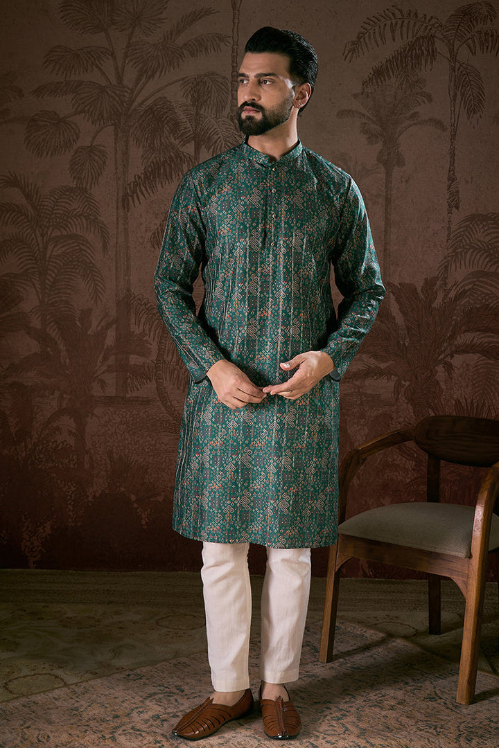Sea Green Silk Blend Ethnic Motifs Printed Straight Kurta For Men | SHOBITAM