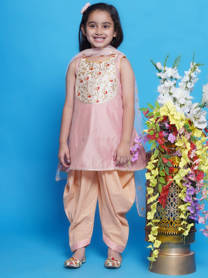Chanderi Silk Tulip Kurta with Dhoti Salwar & Dupatta - Peachish Pink | SHOBITAM