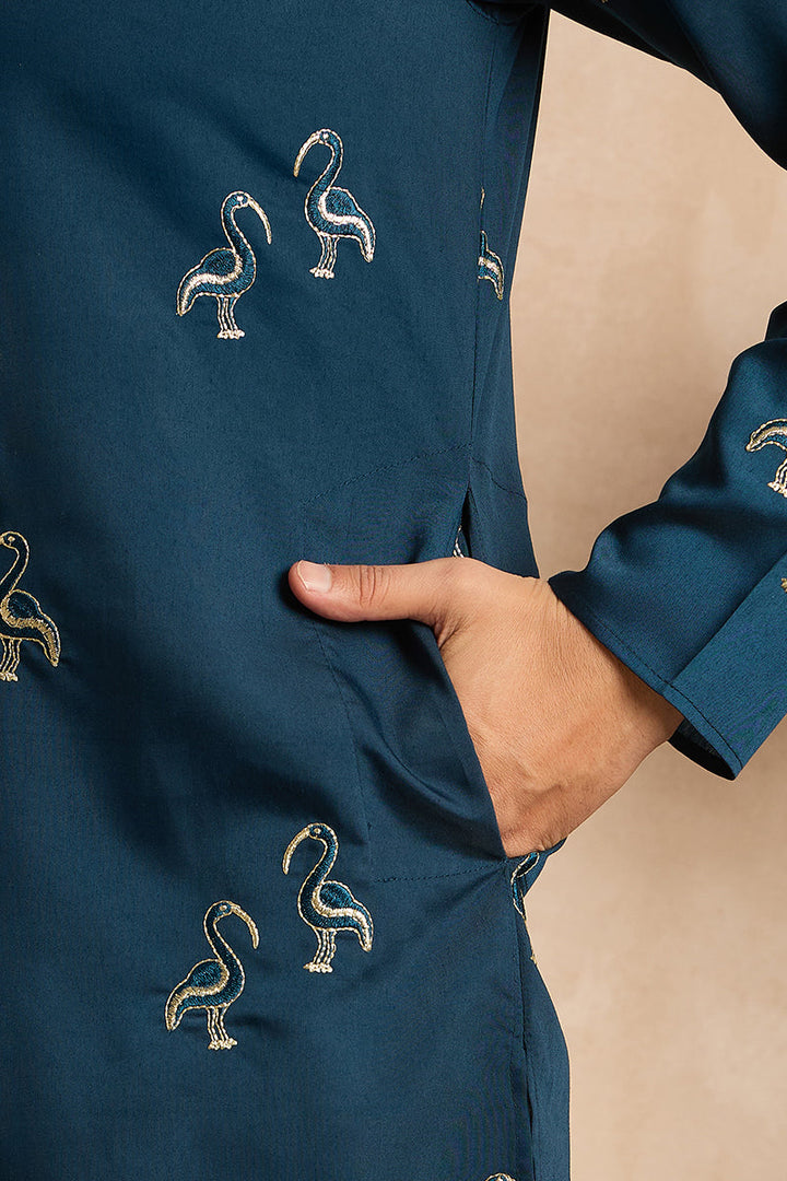 Navy Blue Silk Blend Solid Embroidered Straight Kurta | SHOBITAM