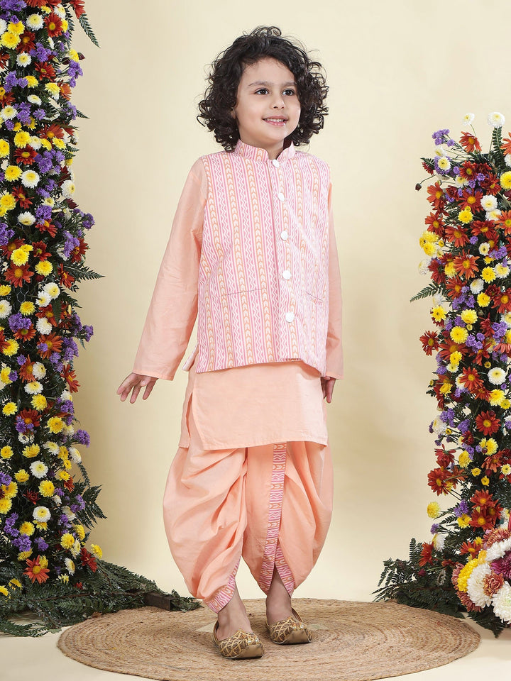 Peach Chevron Nehru Jacket with Cotton Kurta Dhoti Set | SHOBITAM