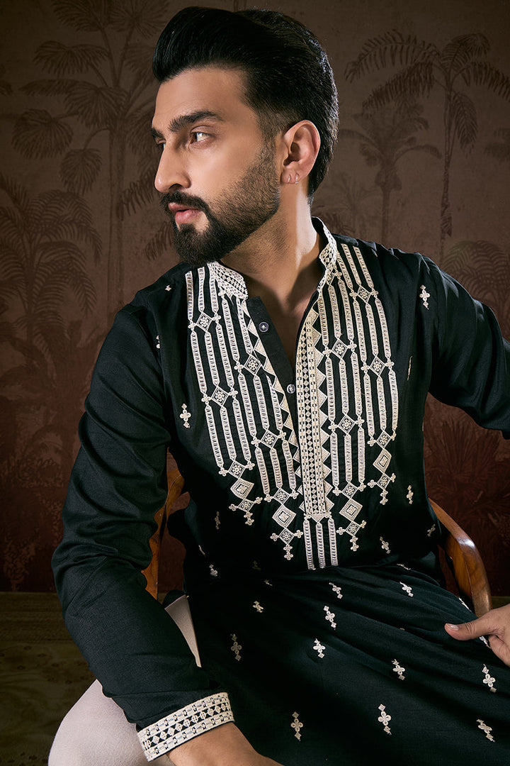 Black Silk Blend Solid Embroidered Straight Kurta For Men | SHOBITAM