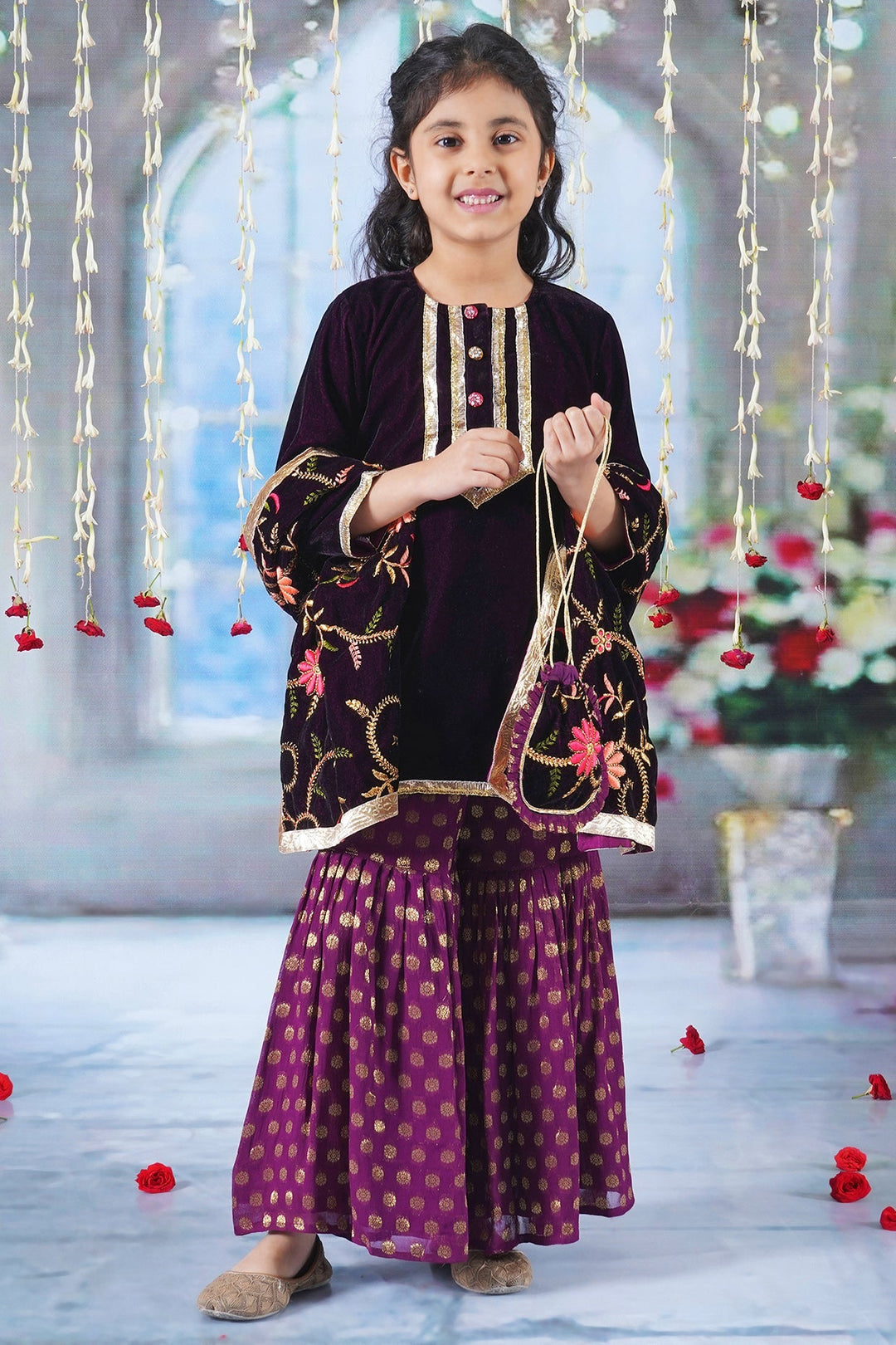 Girls Velvet Kurta with Banarsi Sharara and Embroided Dupatta with Potli | SHOBITAM