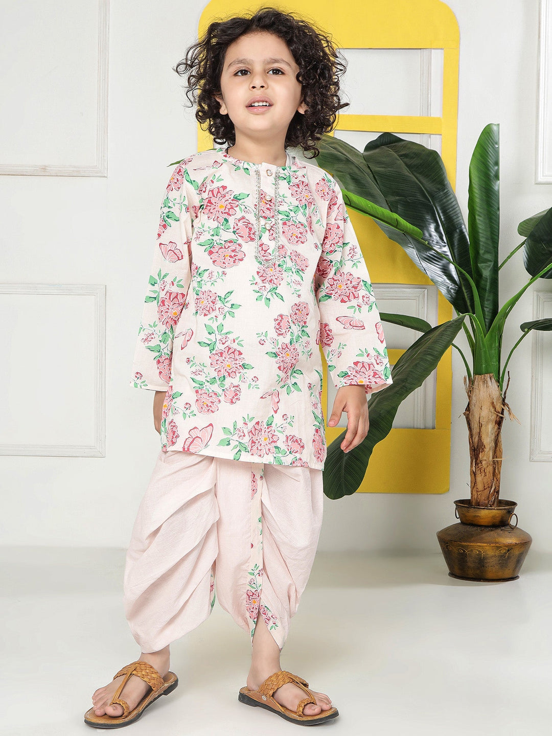 Petal Pink Floral Cotton Kurta with Dhoti | SHOBITAM