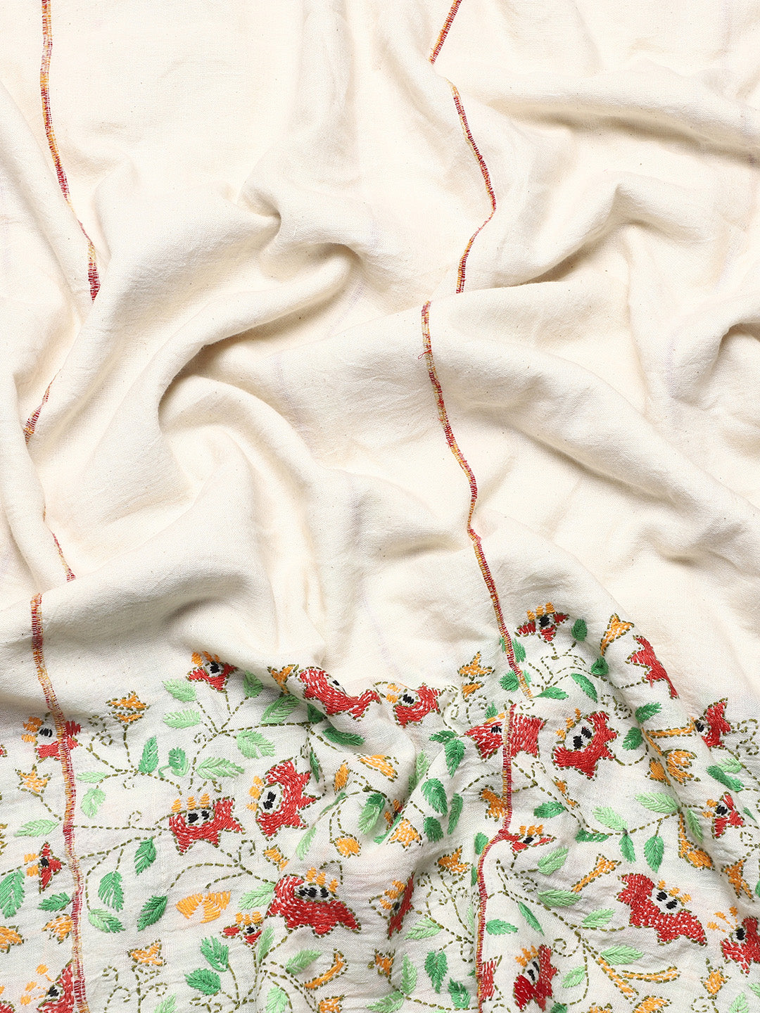 Cream Floral Kantha Cotton Saree | SHOBITAM