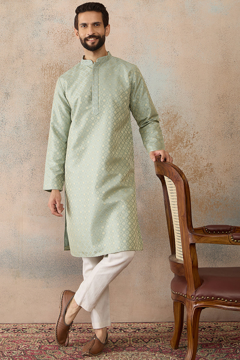 Mens Teal Jacquard Ethnic Motifs Embroidered Kurta | SHOBITAM