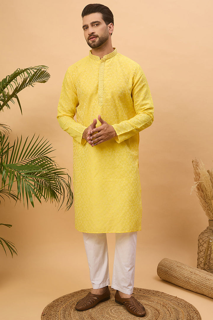 Yellow Silk Blend Solid Embroidered Straight Kurta  | SHOBITAM