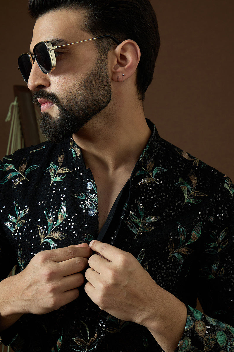 Black Silk Blend Solid Embroidered Straight Kurta | SHOBITAM