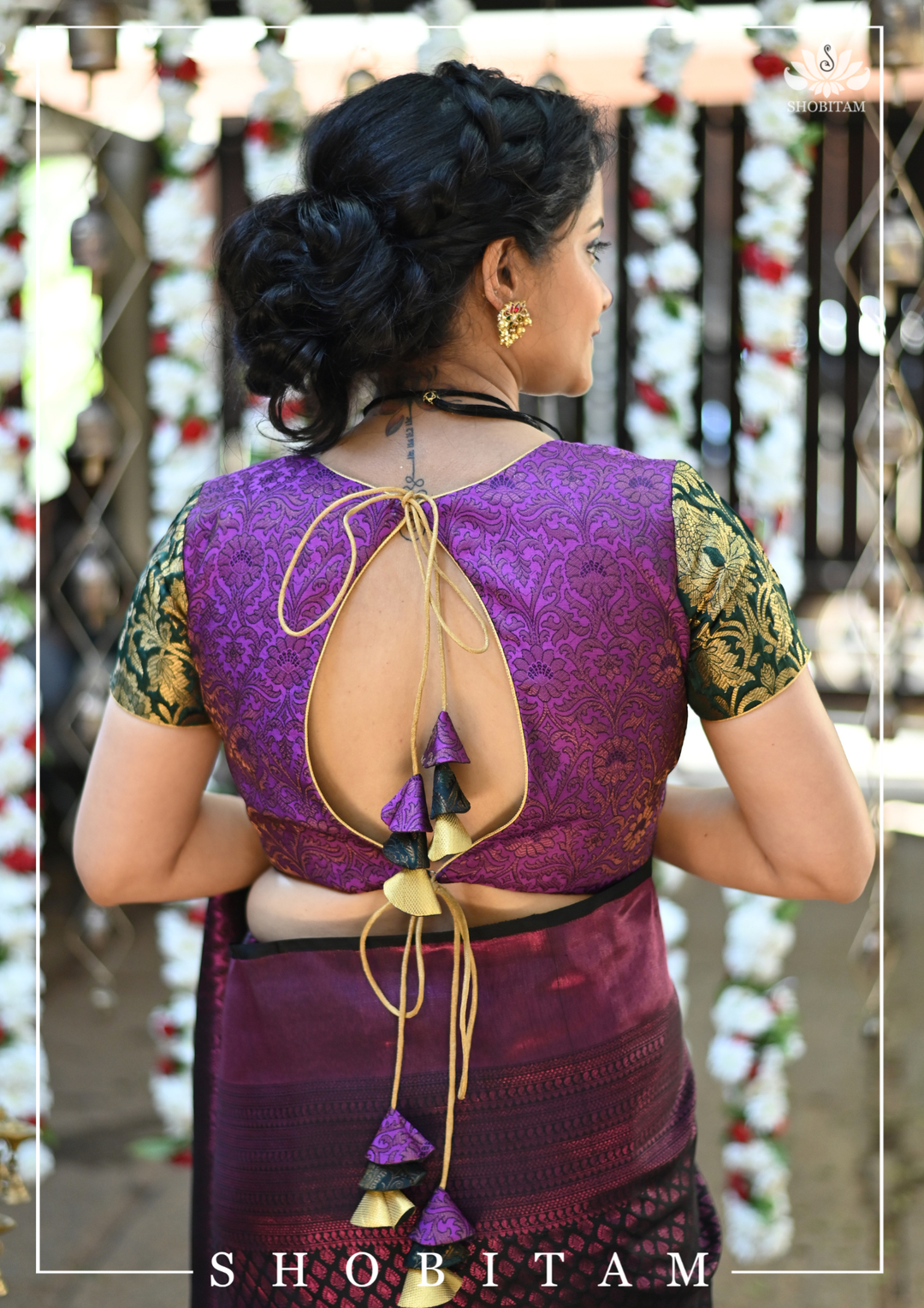 Purple and Black Banarasi Brocade Blouse with Tie back design | SHOBITAM