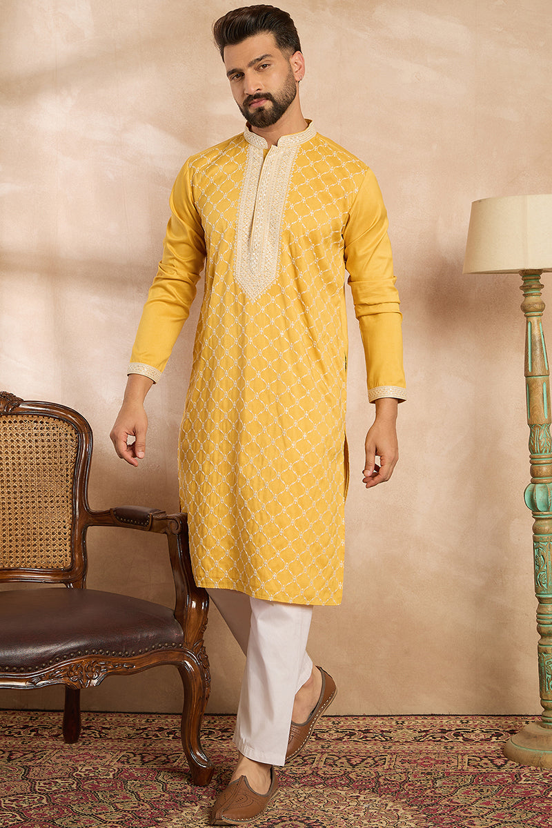 Yellow Silk Blend Solid Embroidered Straight Kurta With Trouser | SHOBITAM