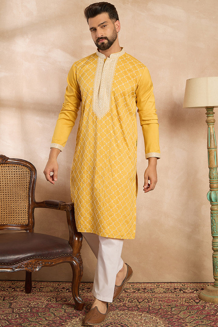 Yellow Silk Blend Solid Embroidered Straight Kurta With Trouser | SHOBITAM