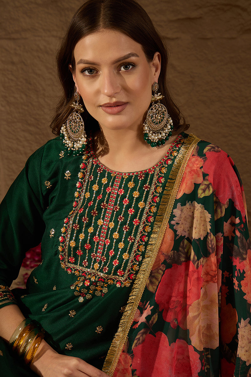 Green Silk Blend Embroidered Kurta Pant With Dupatta |SHOBITAM