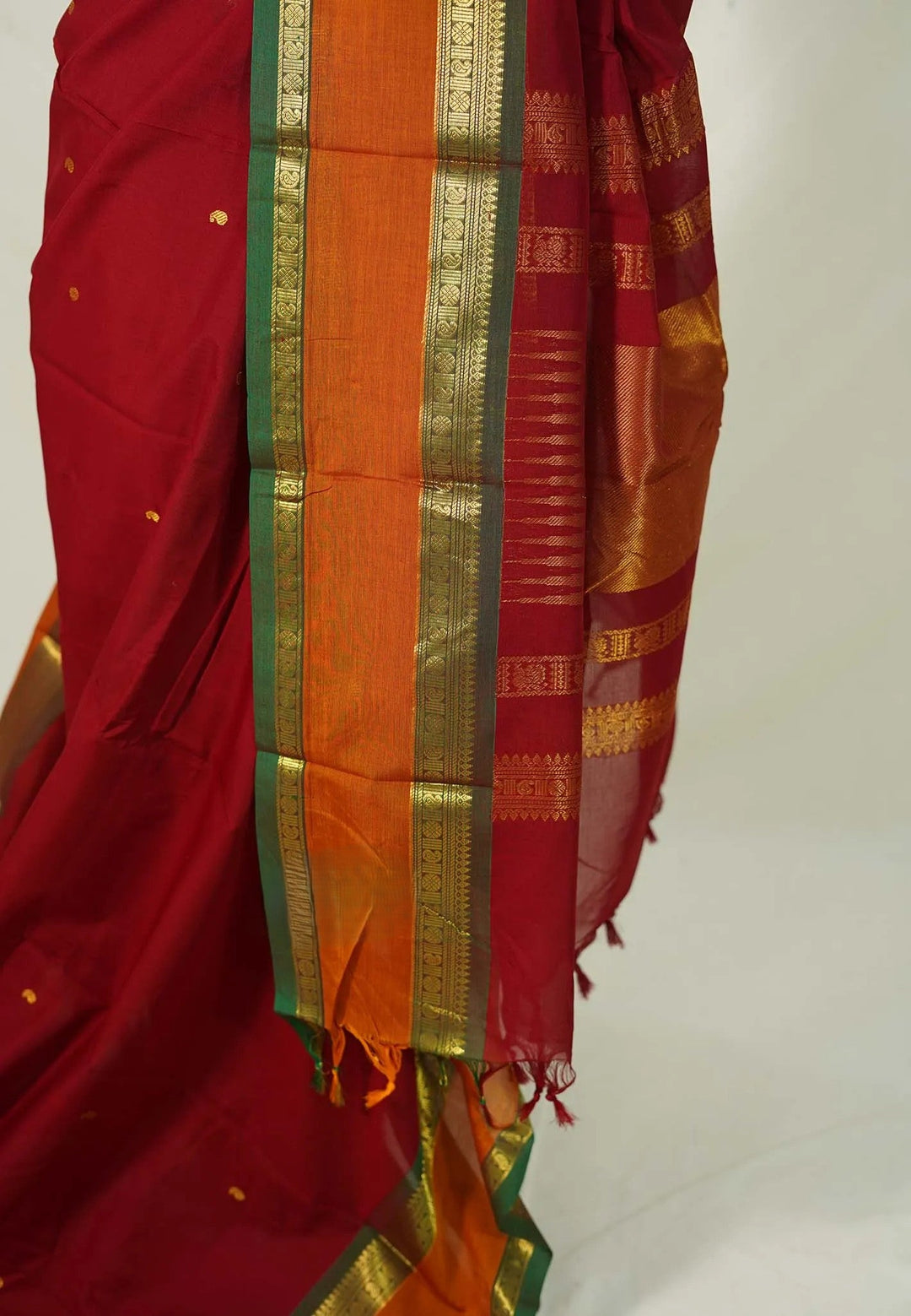 Maroon Pure mercerized silk cotton with buttas and rettapet border | SHOBITAM