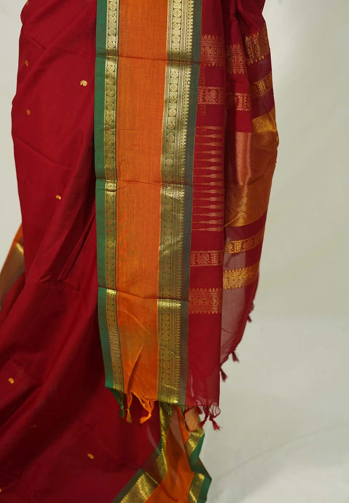 Maroon Pure mercerized silk cotton with buttas and rettapet border | SHOBITAM