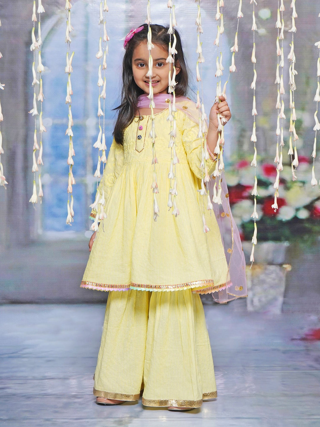 Floral Embroidery Kurta Sharara with Dupatta - Lemon Yellow | SHOBITAM