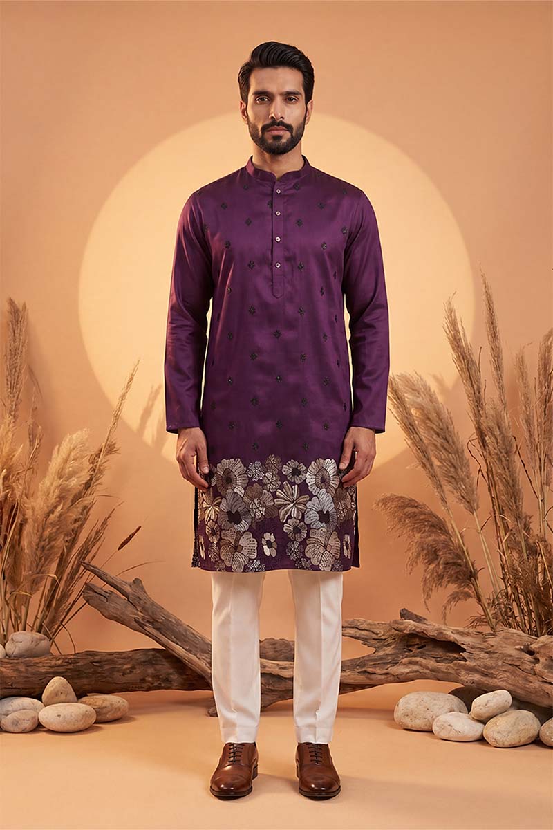 Mens Violet Silk Blend Solid Embroidered Kurta With Trousers | SHOBITAM