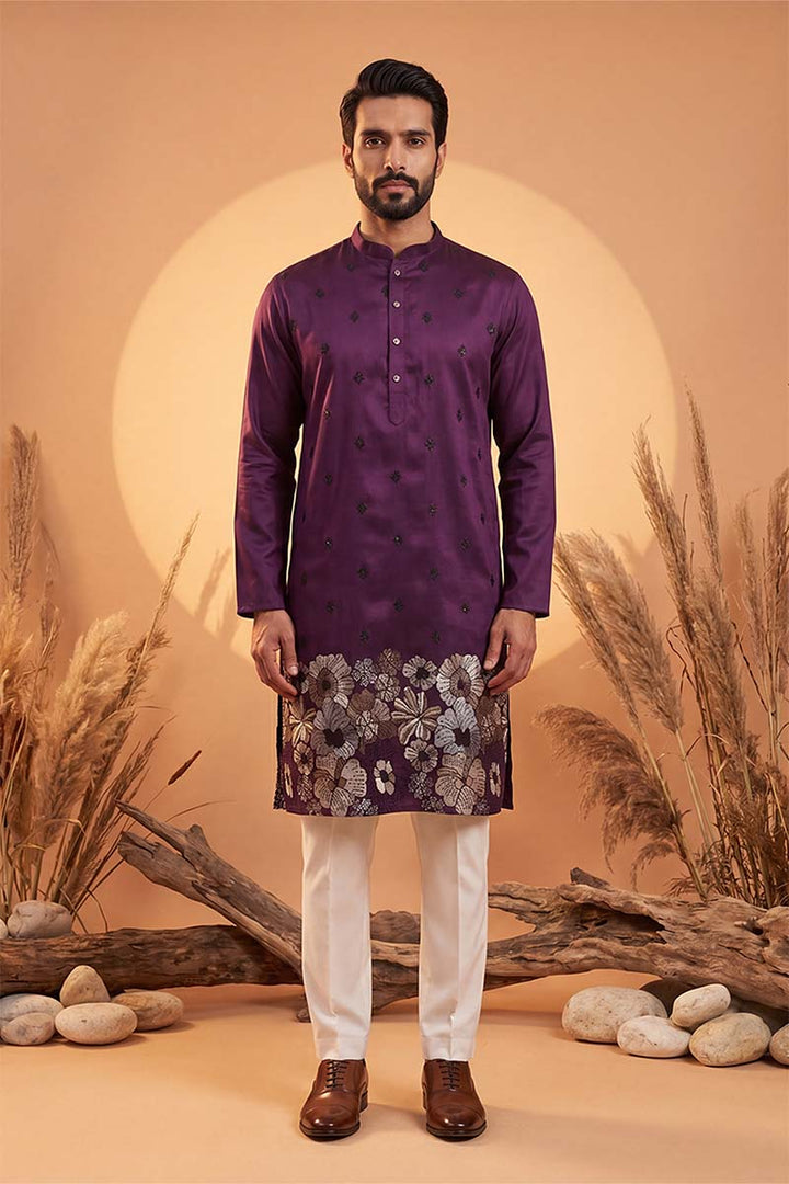 Mens Violet Silk Blend Solid Embroidered Kurta With Trousers | SHOBITAM