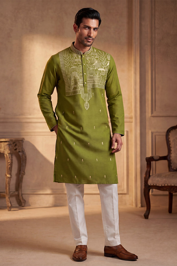 Mens Green Silk Blend Solid Emboidered Straight Kurta With Trouser | SHOBITAM