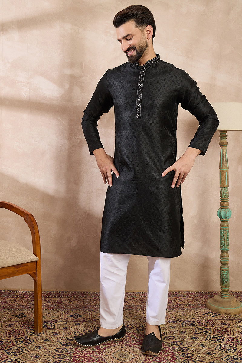 Black Silk Blend Solid Woven Design Straight Kurta With Trouser | SHOBITAM