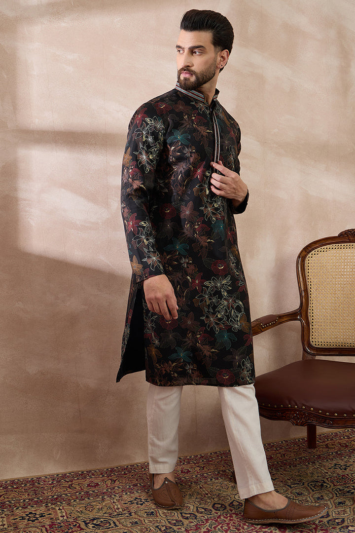 Black Silk Blend Printed Mandarin Collar Straight Kurta For Men | SHOBITAM