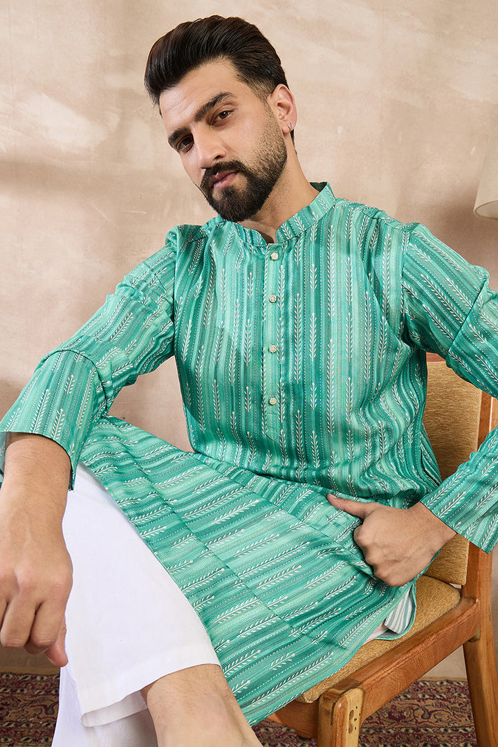 Green Silk Blend Floral Printed Straight Kurta For Men | SHOBITAM