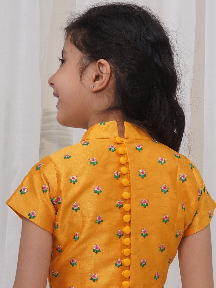 Girls Brocade Short Sleeves Sequin Floral Embroidery Ready to wear Blouse with Ready to wear Georgette Saree - Pink | SHOBITAM