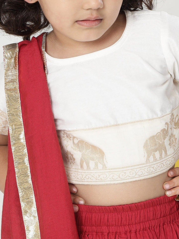 Red Elephant Zari Embroidery Chanderi Cotton Lehenga with Stitched Cream Blouse Set | SHOBITAM