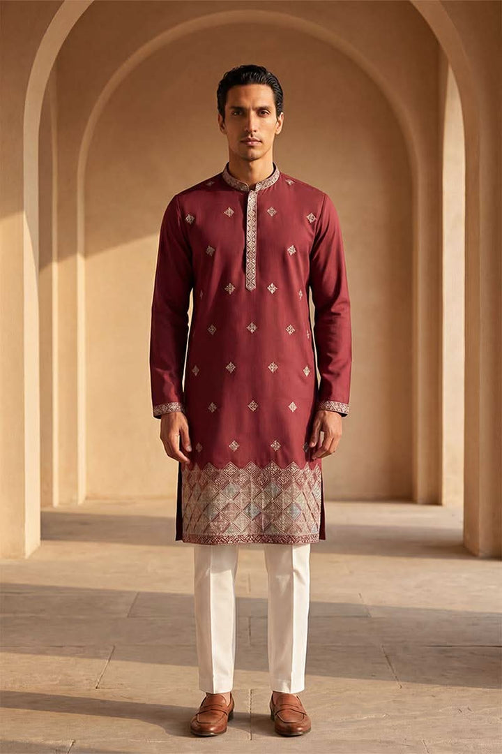 Silk Blend Maroon Solid Embroidered Calf Length Straight Kurta | SHOBITAM