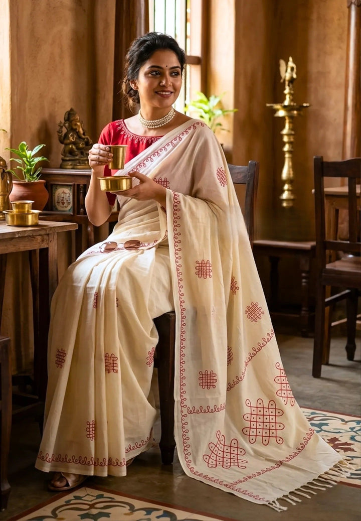 Bamboo Cotton Saree with Kolam Handblock Print | SHOBITAM