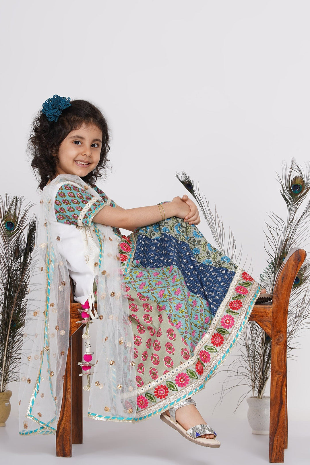 Girls Cotton Floral Embroidery Kurta with Kali Work Lehenga and Tussel work | SHOBITAM