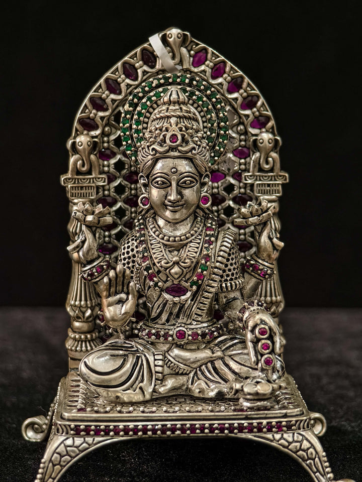 Pure 92.5 Silver Goddess Lakshmi 3D Idol with Stones Ornate Throne, 145 grams