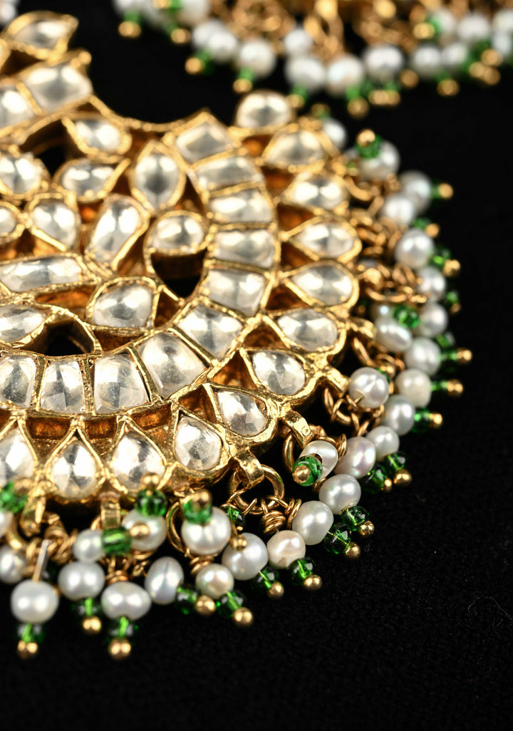 92.5 Pure Silver, Gold-Plated Polki Chandbali Earrings with Pearls and Green Beads
