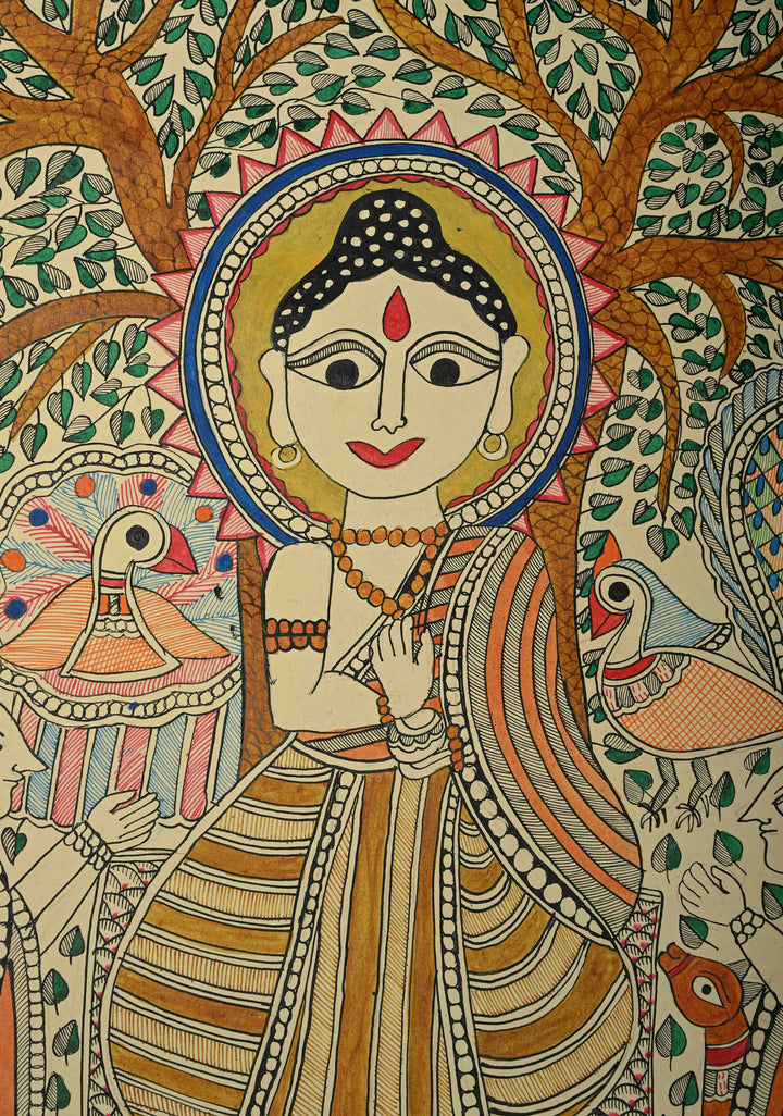 Buddha under the Bodhi Tree on Madhubani wall painting,Unframed,30 x 22 | SHOBITAM