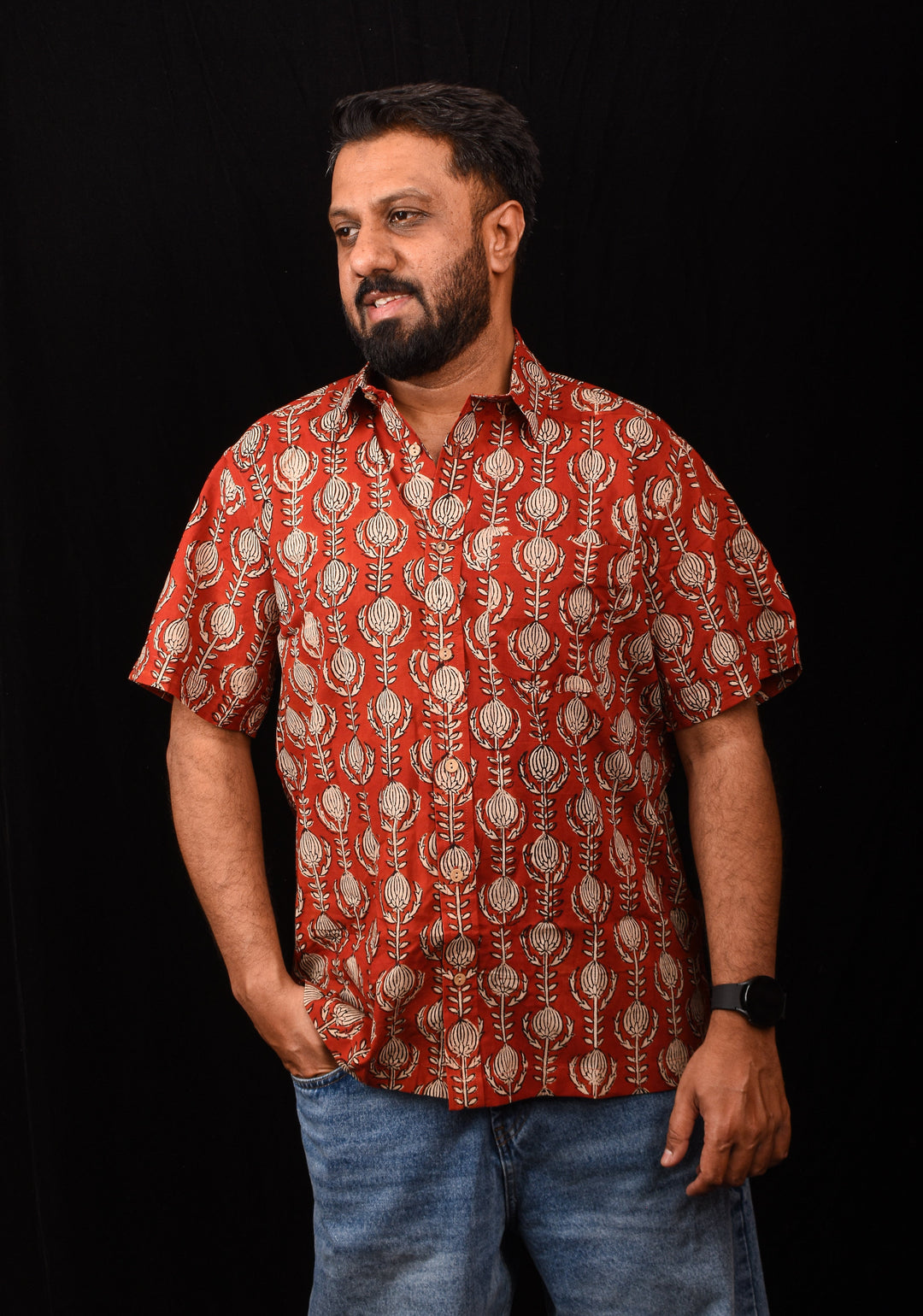 Red Black Bagru Handblock Printed Cotton Mens Shirt