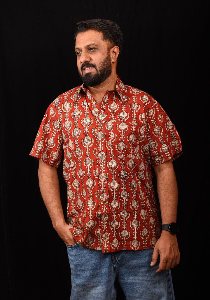 Red Black Bagru Handblock Printed Cotton Mens Shirt