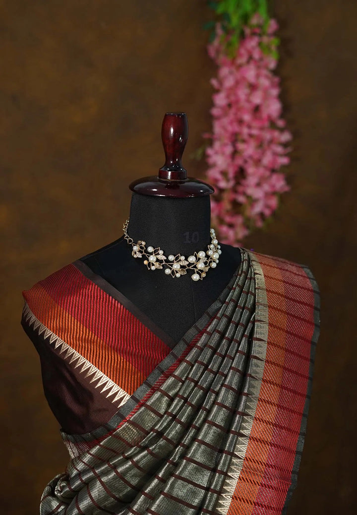 Taupe Grey and Brown - Patli Pallu Saree in Semi Silk Cotton | SHOBITAM